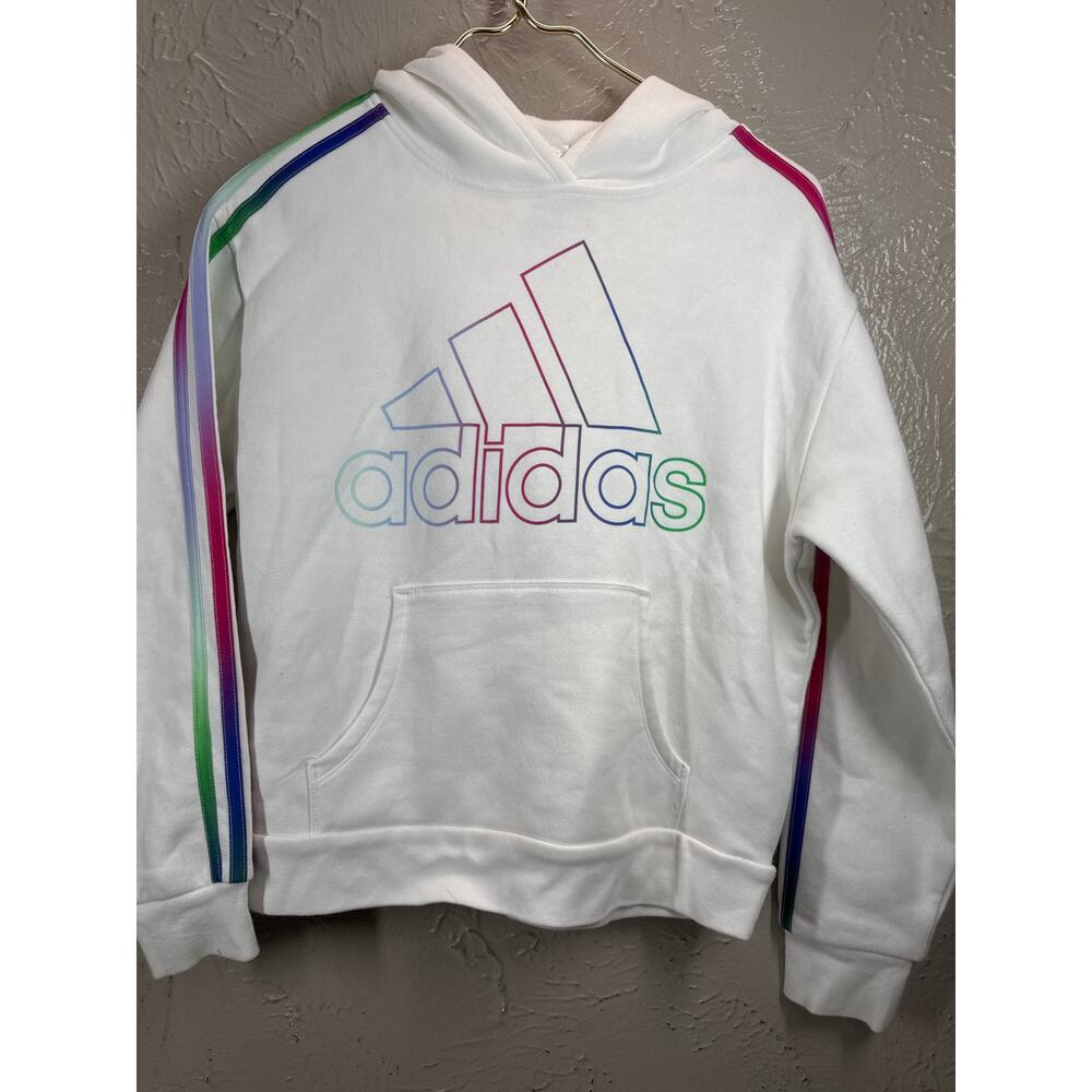 adidas Youth‎ Hoodie White Pullover Rainbow Logo Stripe Sweatshirt Size Large